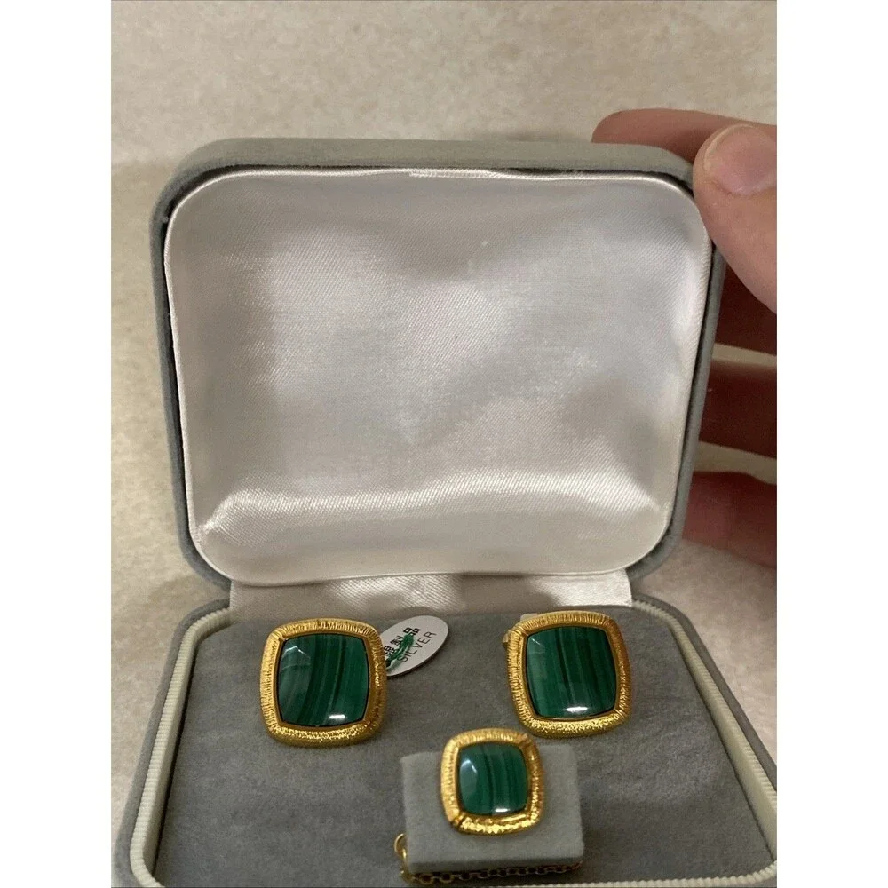 Vintage Japan Sterling Silver Gold-Plated Malachite Cufflink Gift Set